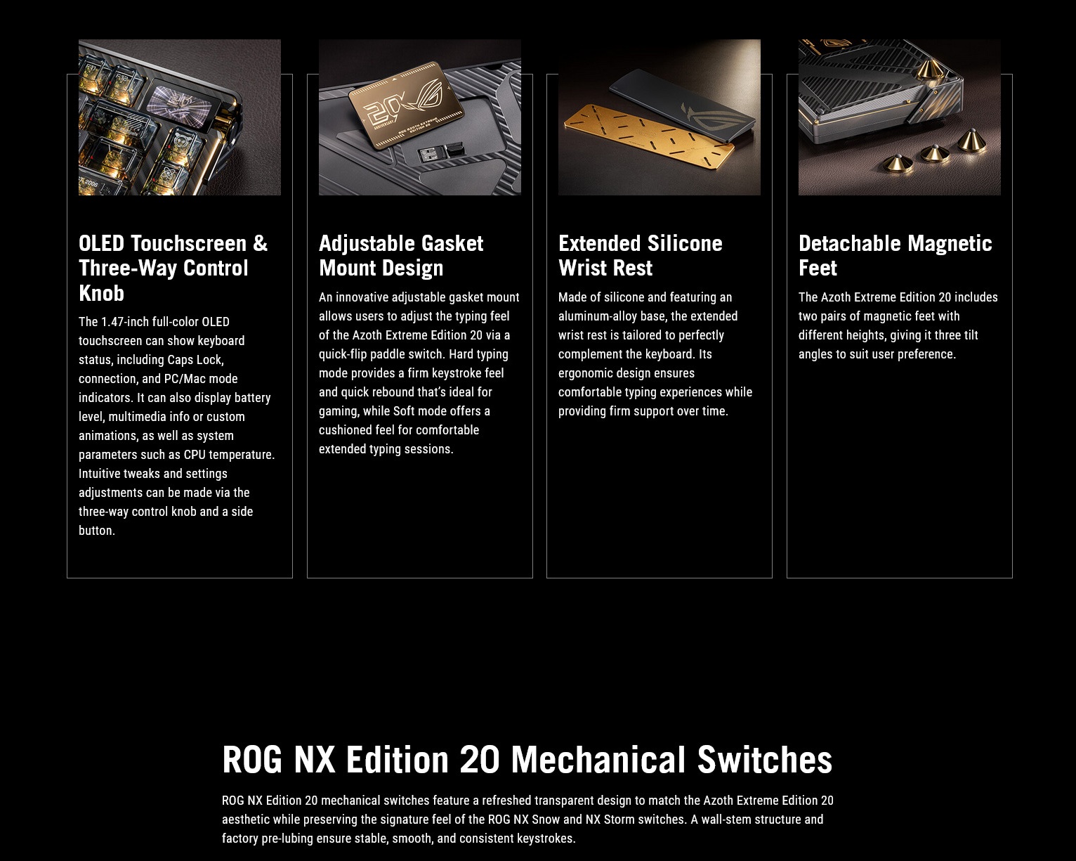A large marketing image providing additional information about the product ASUS ROG Azoth Extreme 75% Hot-Swap RGB Wireless Mechanical Keyboard - Edition 20 Storm Switch - Additional alt info not provided