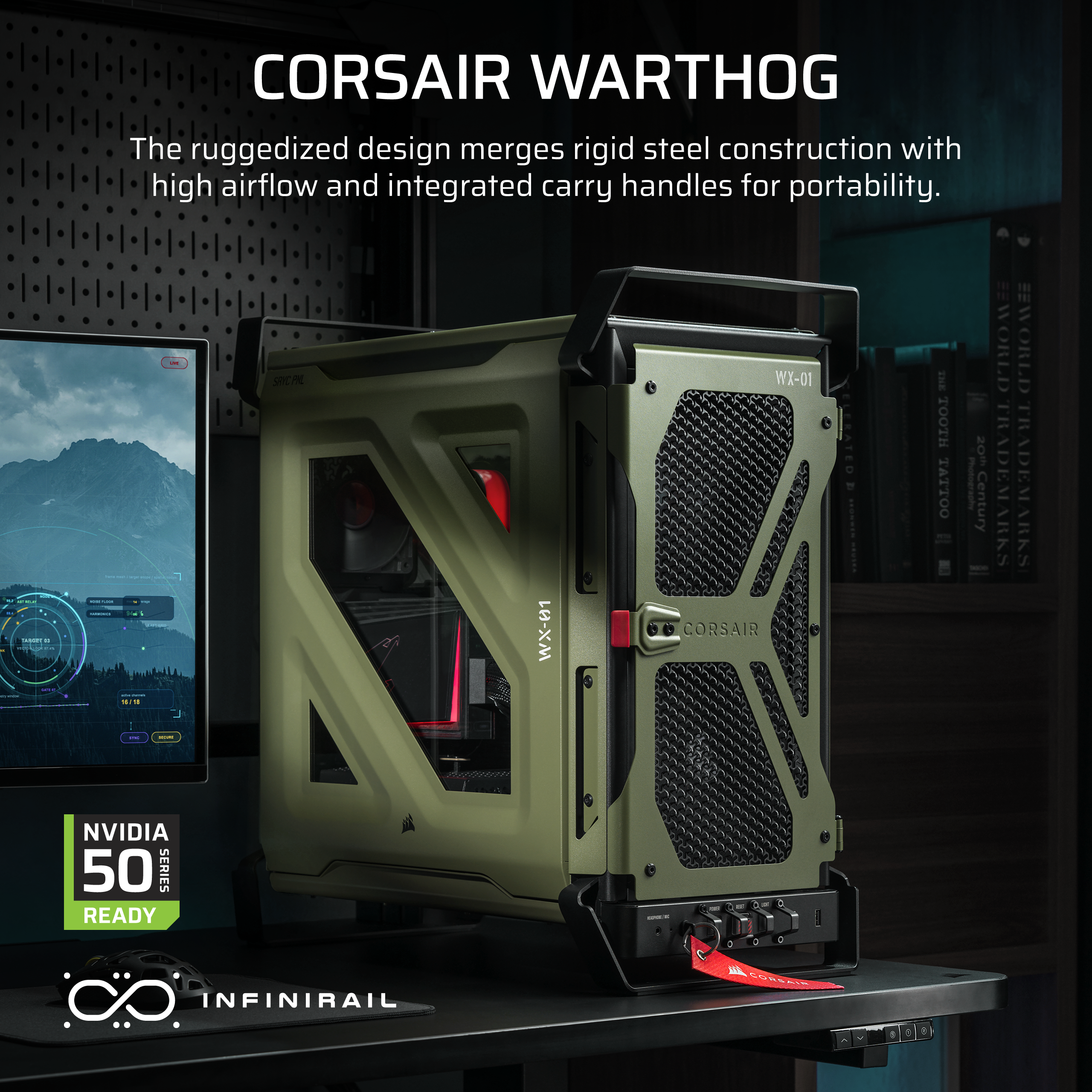A large marketing image providing additional information about the product Corsair WARTHOG Performance Mid Tower Case (Military Green) - Additional alt info not provided