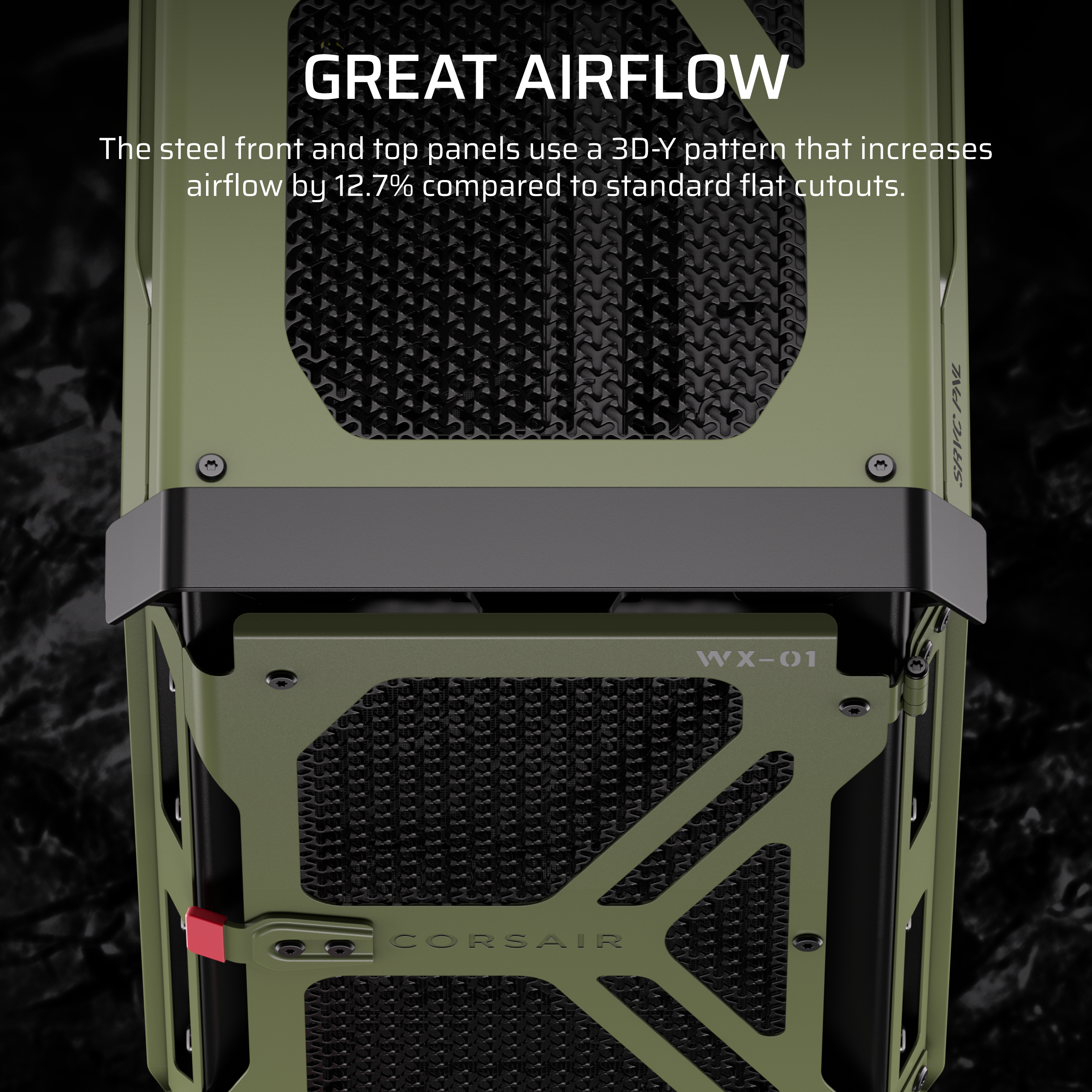 A large marketing image providing additional information about the product Corsair WARTHOG Performance Mid Tower Case (Military Green) - Additional alt info not provided