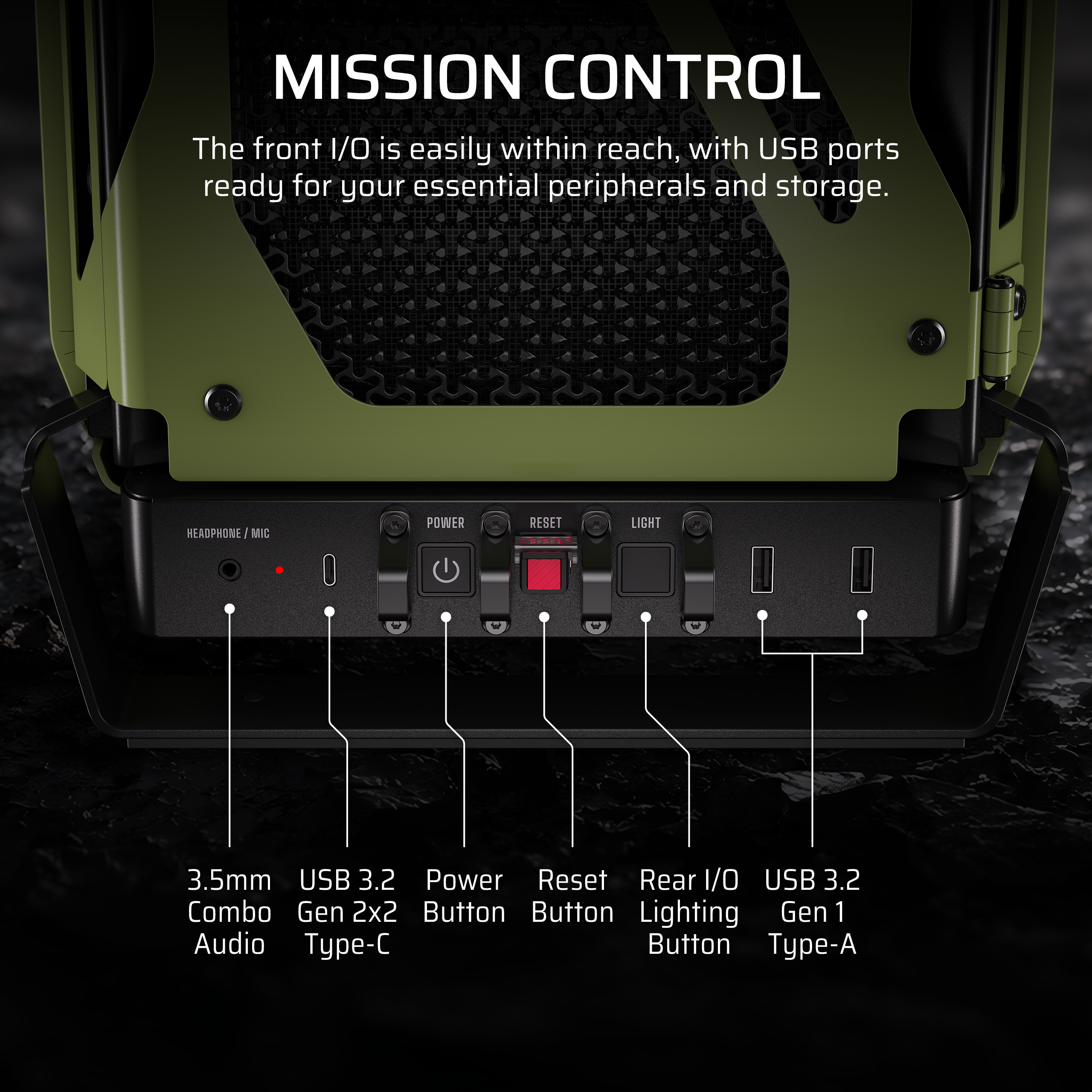 A large marketing image providing additional information about the product Corsair WARTHOG Performance Mid Tower Case (Military Green) - Additional alt info not provided
