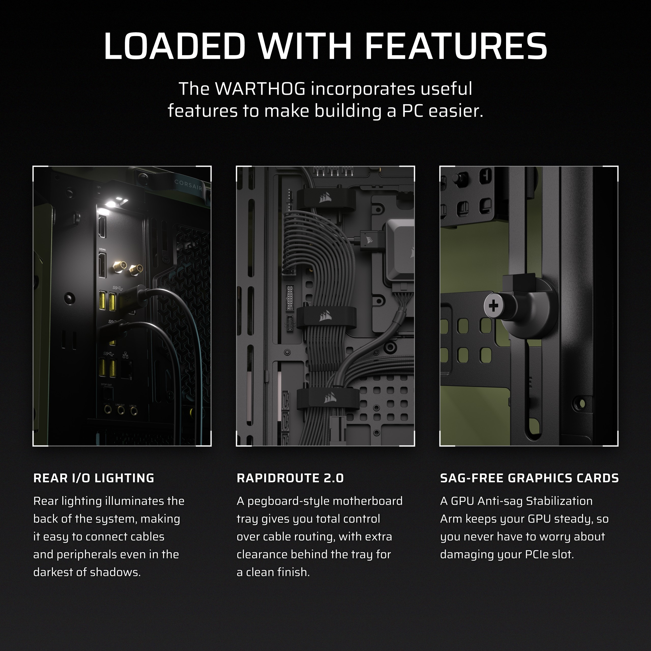 A large marketing image providing additional information about the product Corsair WARTHOG Performance Mid Tower Case (Military Green) - Additional alt info not provided