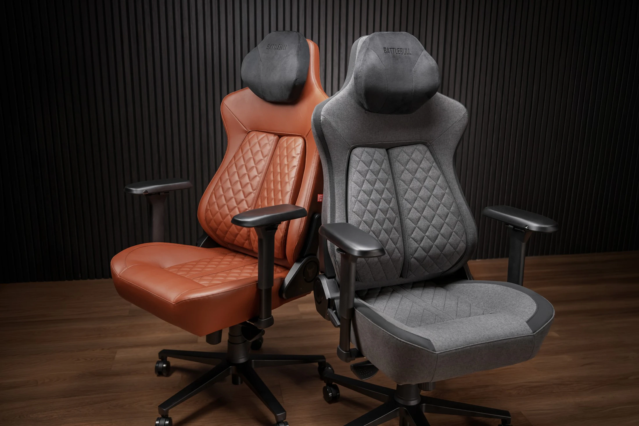 BattleBull Crosshair XL+ Tan Breathable PU Leather and Grey Weave Fabric gaming chairs