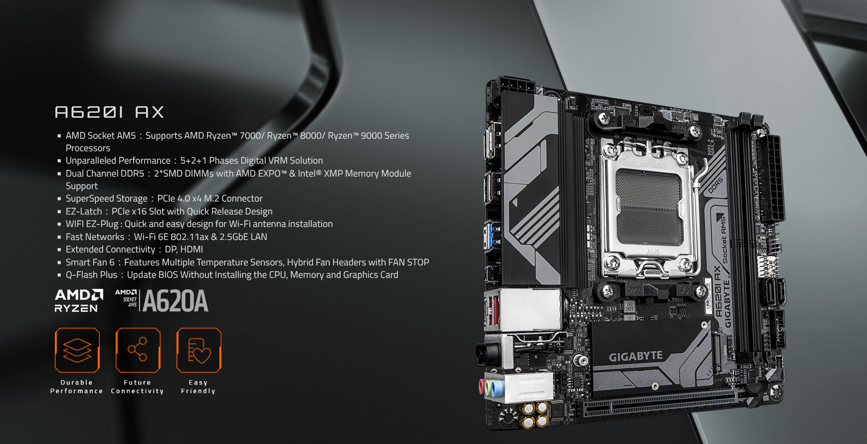 Gigabyte A620I AX AM5 DDR5 Mini-ITX Desktop Motherboard | PLE