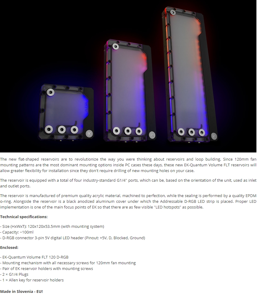 A large marketing image providing additional information about the product EK Quantum Volume FLT 120 D-RGB - Additional alt info not provided