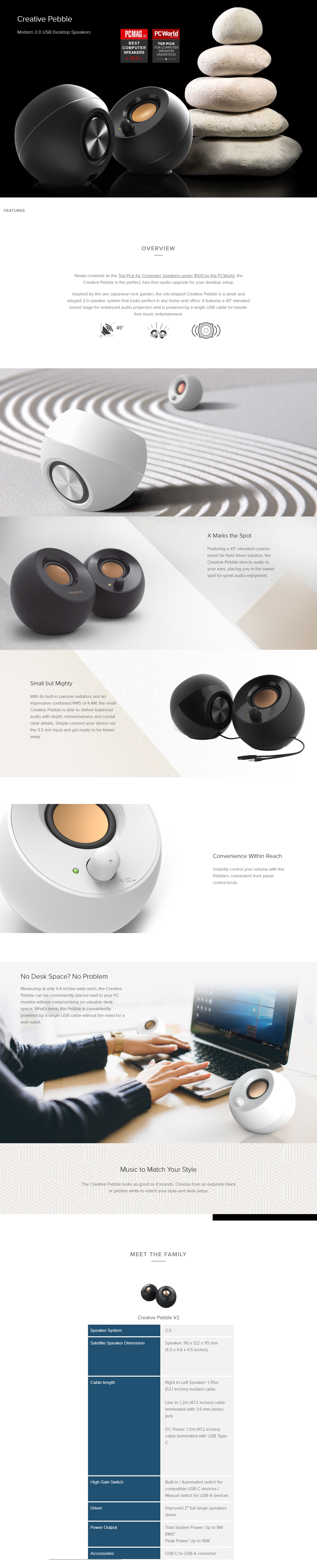 A large marketing image providing additional information about the product Creative Pebble 2.0 USB Stereo Speakers - Additional alt info not provided