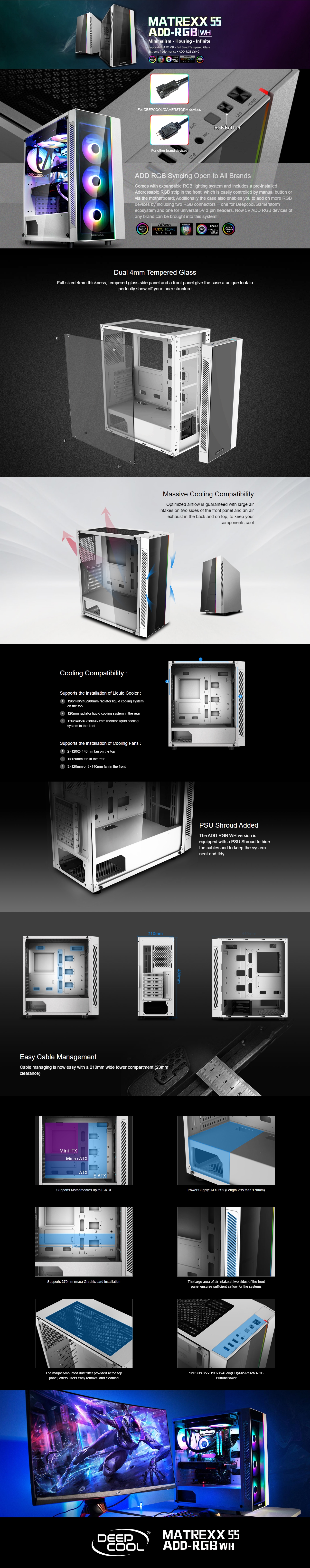 A large marketing image providing additional information about the product Deepcool Matrexx 55 Addressable RGB Mid Tower White Case - Additional alt info not provided