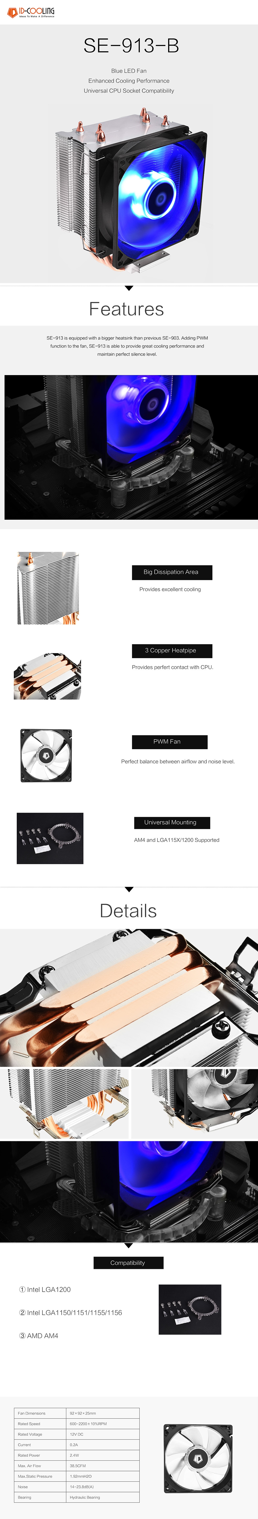 A large marketing image providing additional information about the product ID-COOLING Sweden Series SE-913-B PWM Blue LED CPU Cooler - Additional alt info not provided