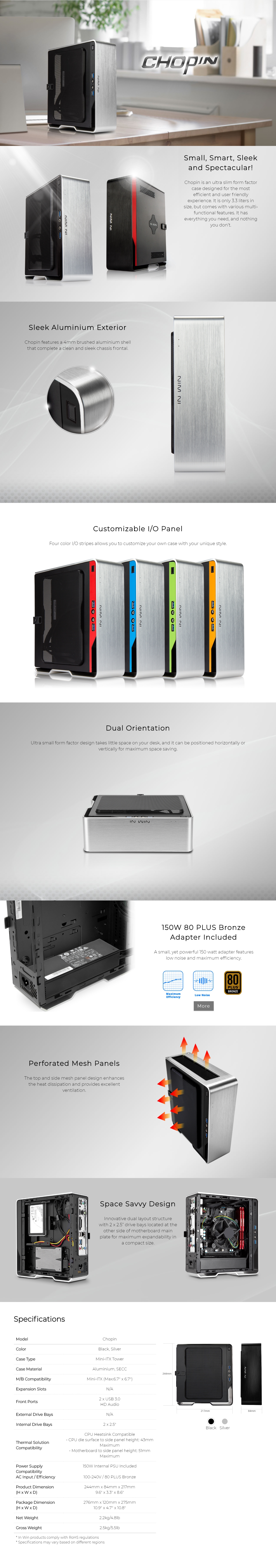 A large marketing image providing additional information about the product InWin Chopin mITX Case w/ 150W 80Plus Bronze Power Supply - Additional alt info not provided