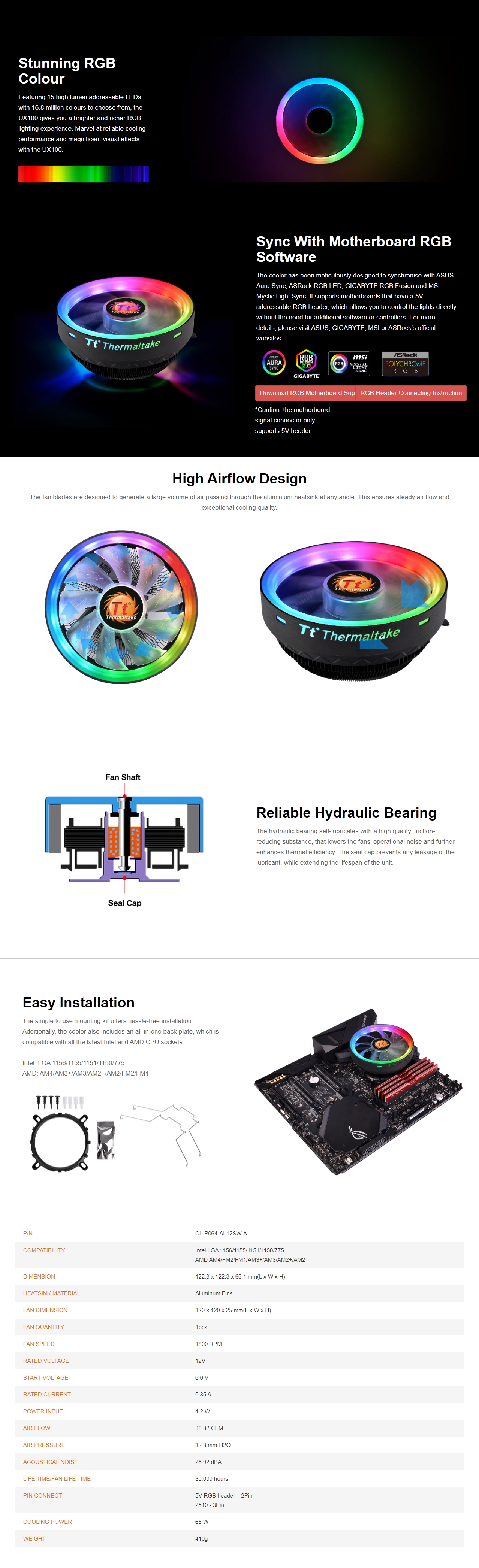 A large marketing image providing additional information about the product Thermaltake UX100 - ARGB Low Profile CPU Cooler - Additional alt info not provided