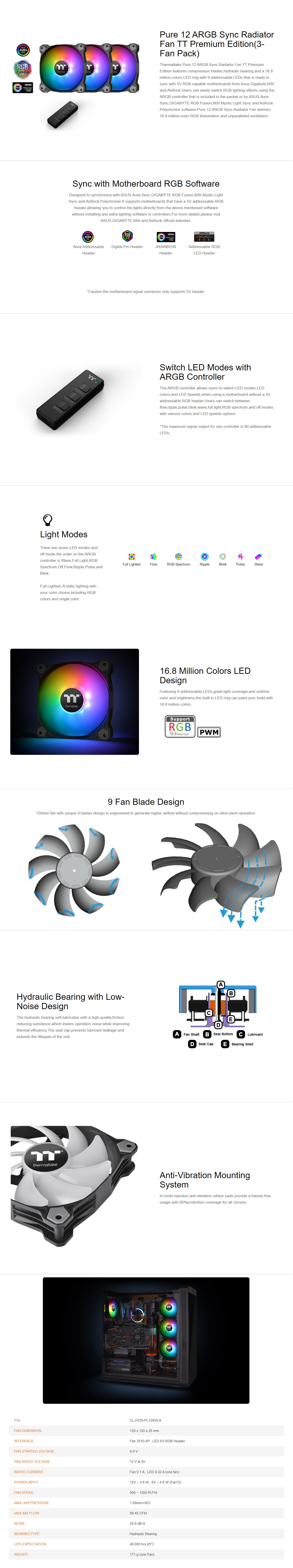 A large marketing image providing additional information about the product Thermaltake Pure 12 ARGB - 120mm Radiator Fan (3 Pack) - Additional alt info not provided