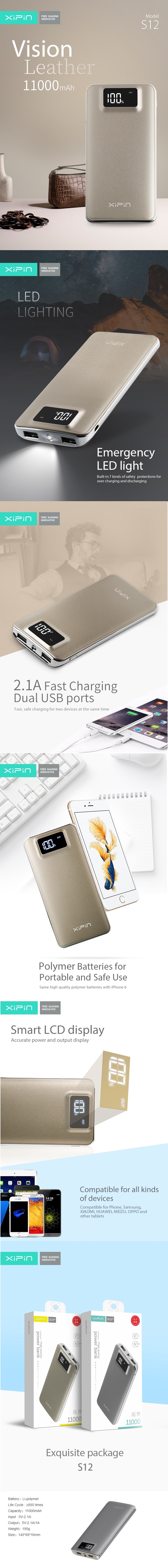 A large marketing image providing additional information about the product XiPin S12 11000mAh 5v 2A Power Bank w/ LCD Display - Grey - Additional alt info not provided