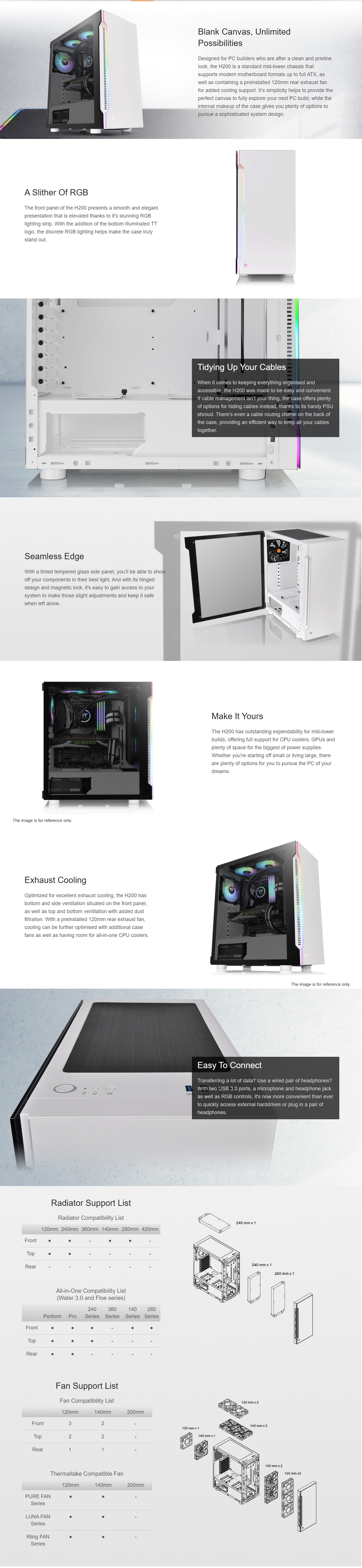 A large marketing image providing additional information about the product Thermaltake H200 - Mid Tower Case (Snow) - Additional alt info not provided