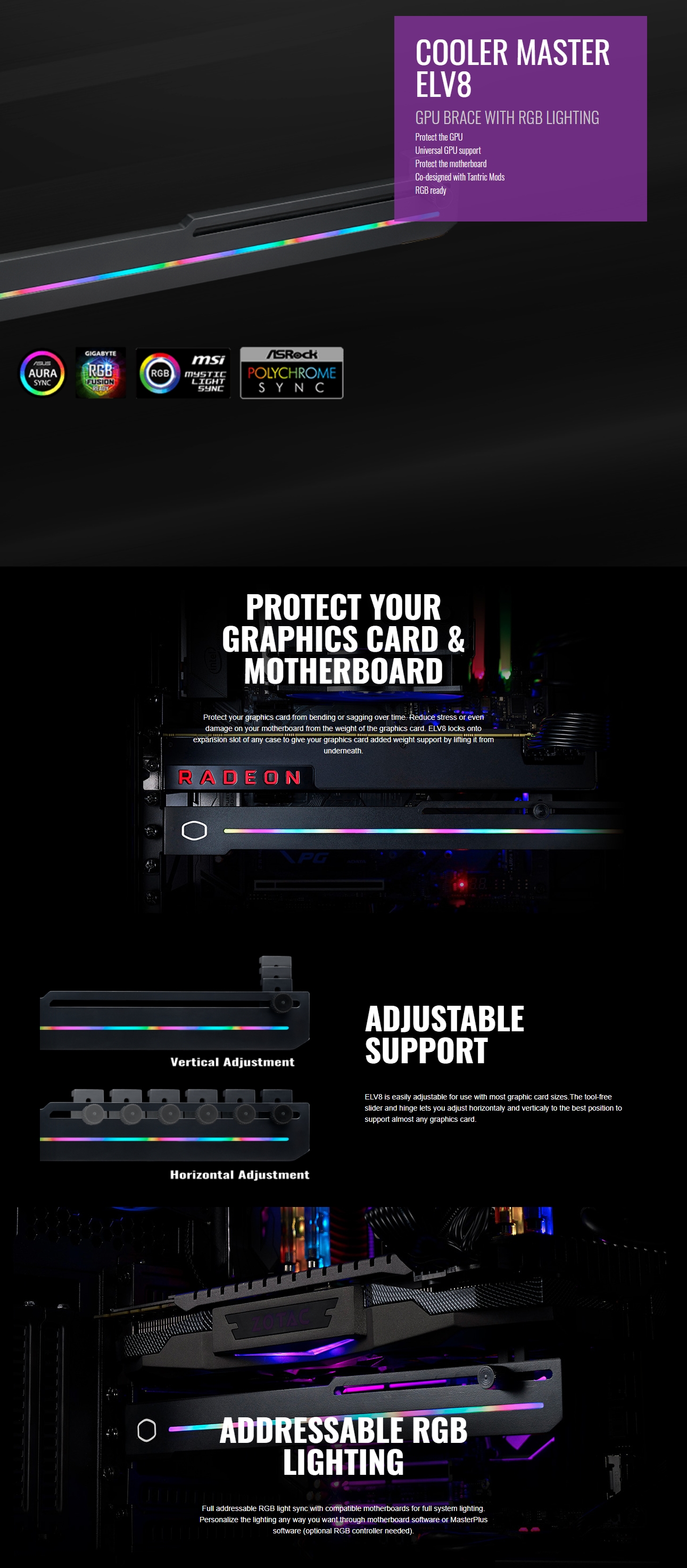 A large marketing image providing additional information about the product Cooler Master ELV8 RGB Graphics Card Brace Support - Additional alt info not provided