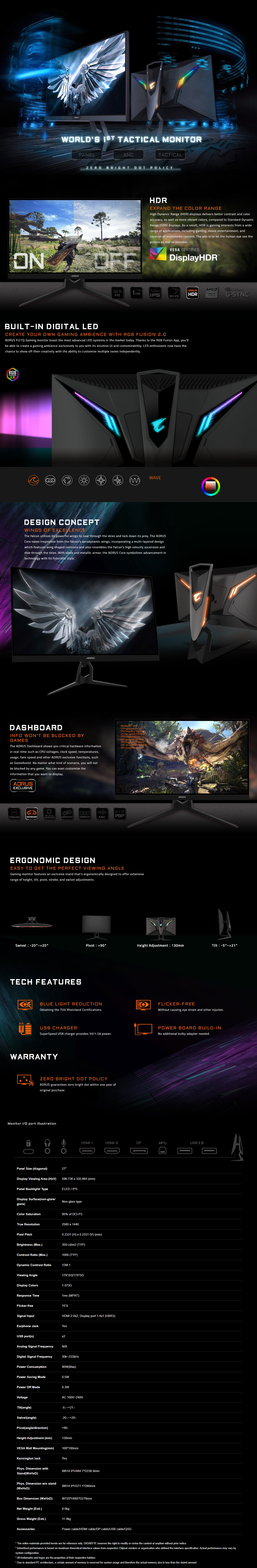 A large marketing image providing additional information about the product Gigabyte Aorus FI27Q 27" WQHD G-SYNC-C HDR400 165Hz 1MS IPS LED Gaming Monitor - Additional alt info not provided