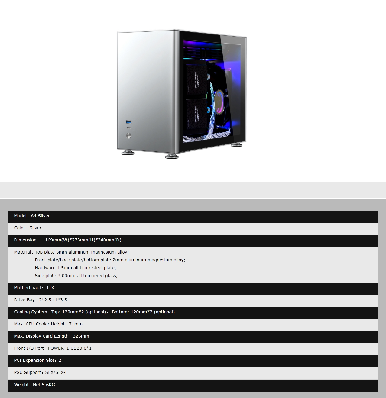 A large marketing image providing additional information about the product Jonsbo A4 Silver mITX Case w/Tempered Glass Side Panel - Additional alt info not provided
