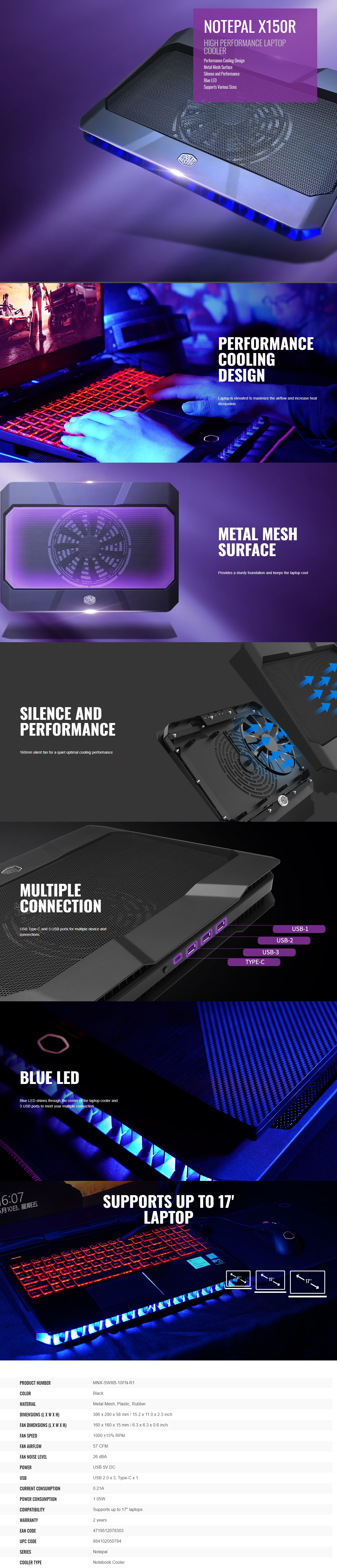 A large marketing image providing additional information about the product Cooler Master Notepal X150R Performance Cooling Pad - Additional alt info not provided