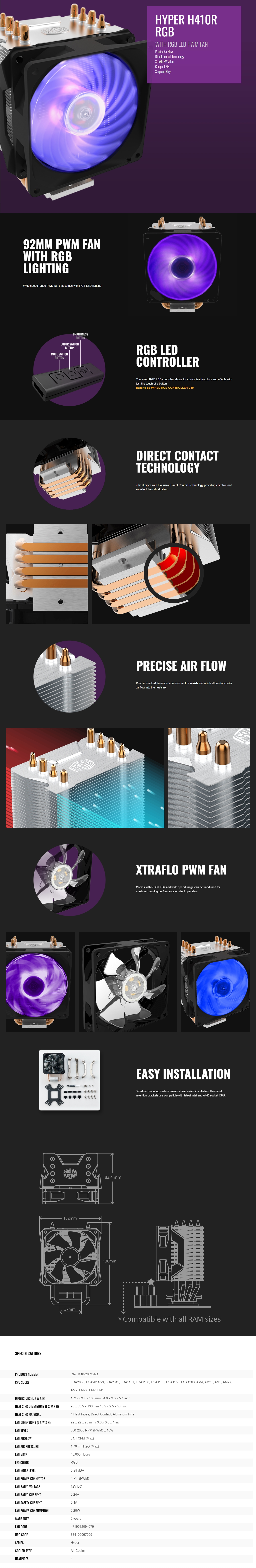 A large marketing image providing additional information about the product Cooler Master Hyper H410R RGB CPU Cooler - Additional alt info not provided