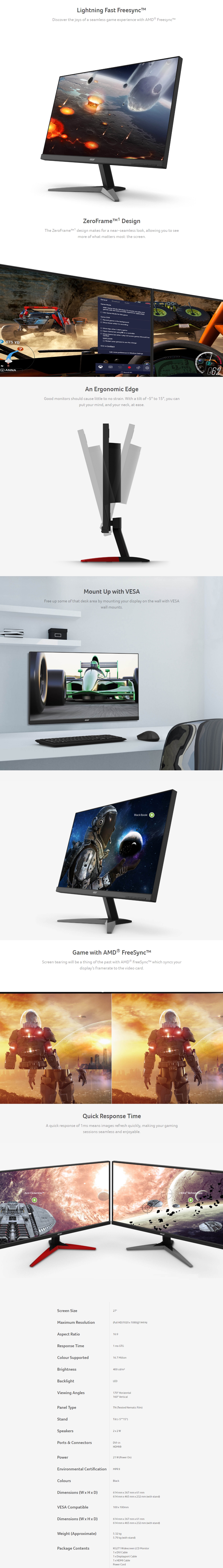 A large marketing image providing additional information about the product Acer KG271A 27" Full HD FreeSync 144Hz 1MS LED Gaming Monitor - Additional alt info not provided