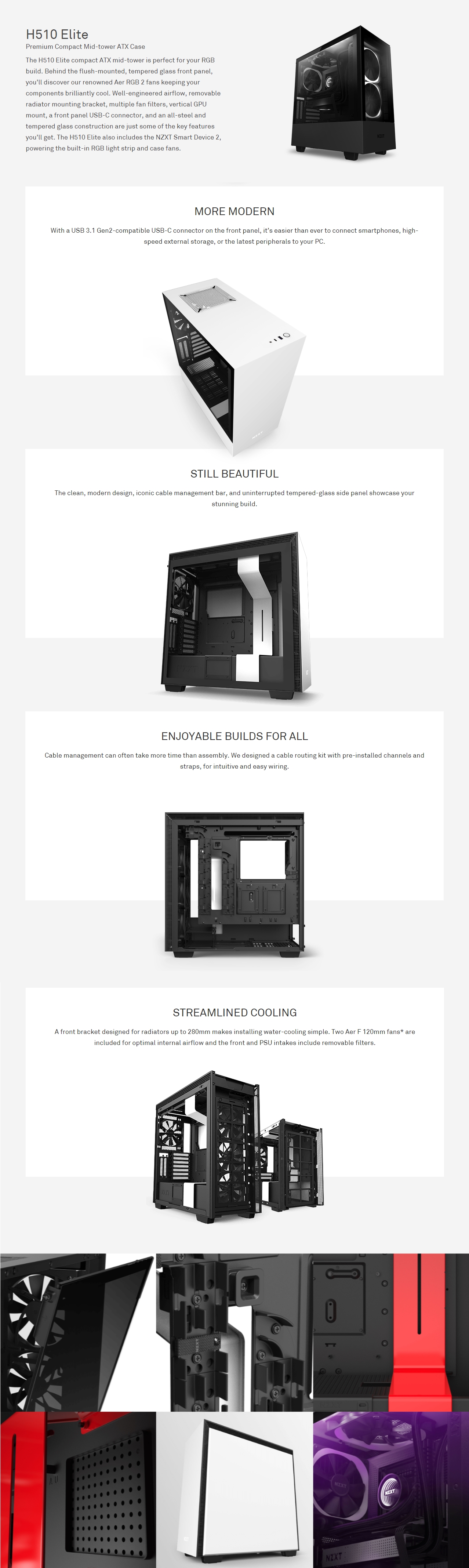 A large marketing image providing additional information about the product NZXT H510 Elite Matte Black Premium Mid Tower Case w/Tempered Glass Side Panel - Additional alt info not provided