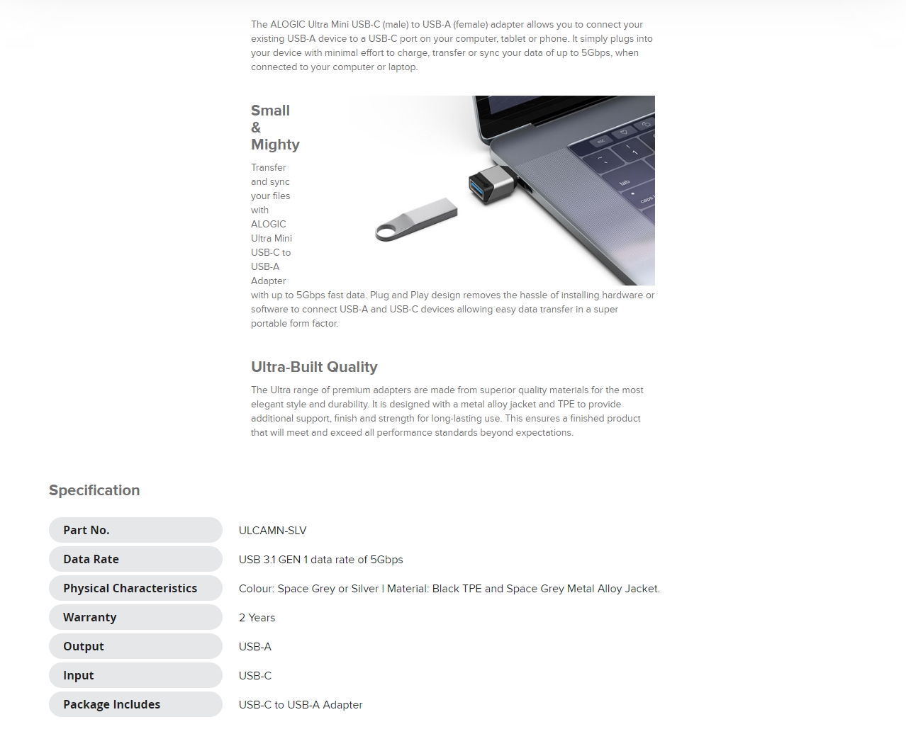 A large marketing image providing additional information about the product ALOGIC Ultra Mini USB 3.1 (Gen 1) USB Type-C to USB-A Adapter - Silver - Additional alt info not provided
