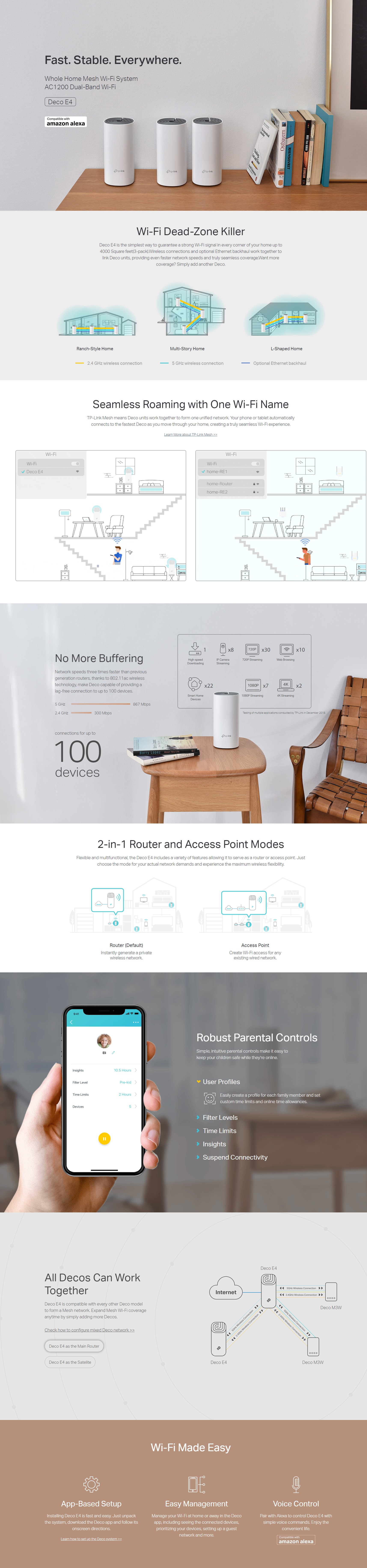 A large marketing image providing additional information about the product TP-Link Deco E4 - AC1200 Wi-Fi 5 Mesh System (3 Pack) - Additional alt info not provided
