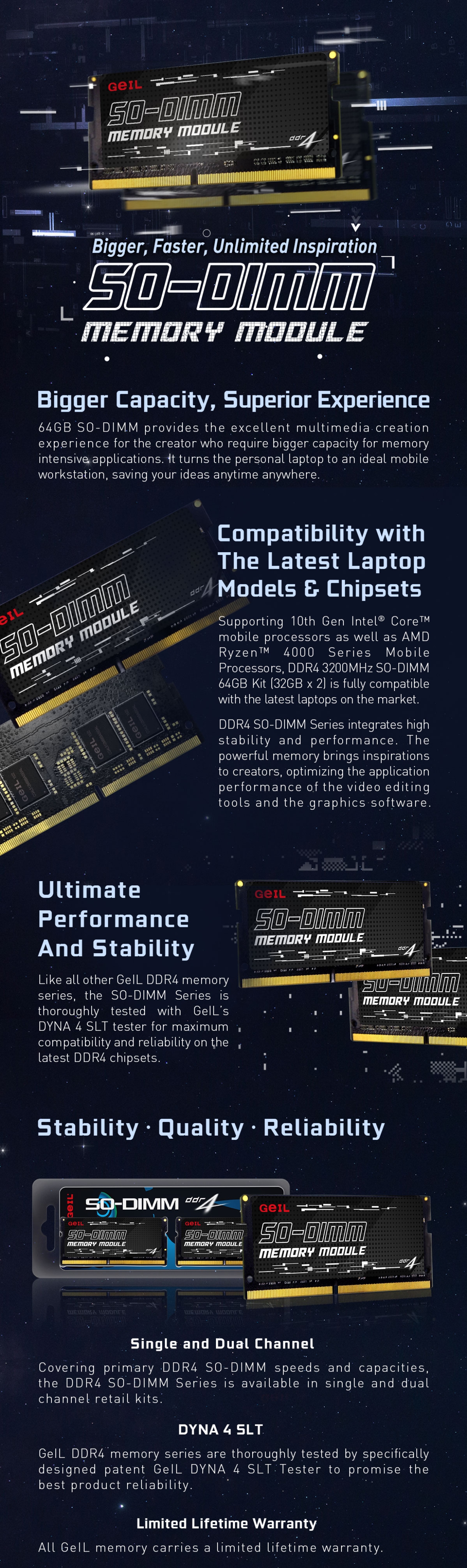 A large marketing image providing additional information about the product GeIL 32GB Single (1x32GB) DDR4 SO-DIMM 1.2V C19 2666MHz - Black - Additional alt info not provided