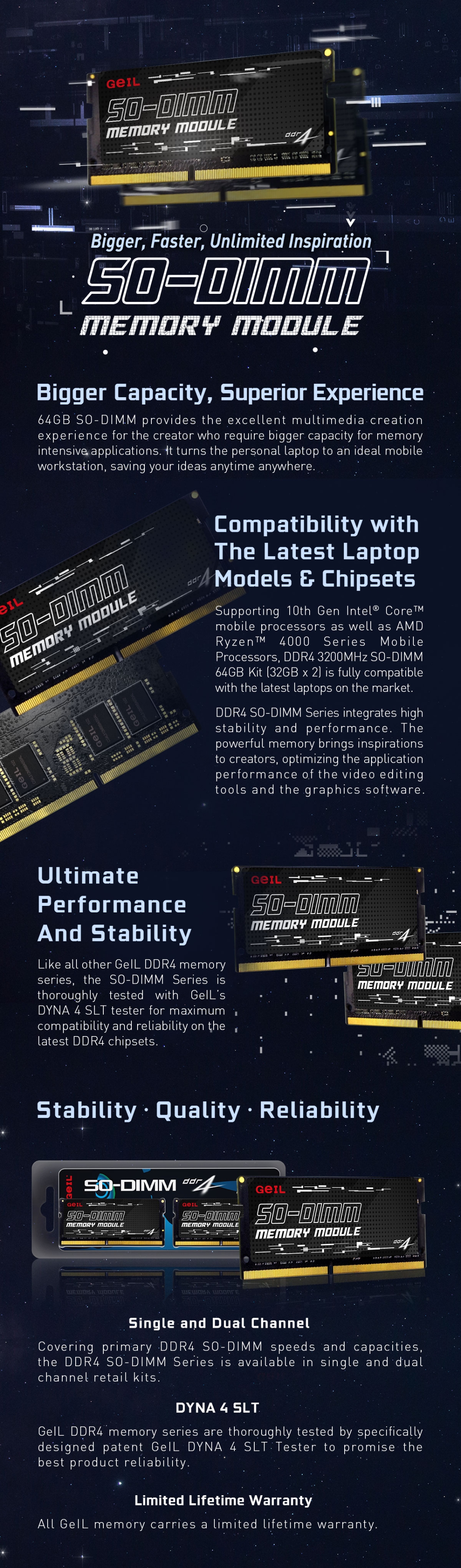 A large marketing image providing additional information about the product GeIL 16GB Single (1x16GB) DDR4 SO-DIMM 1.2V C19 2666MHz - Black - Additional alt info not provided