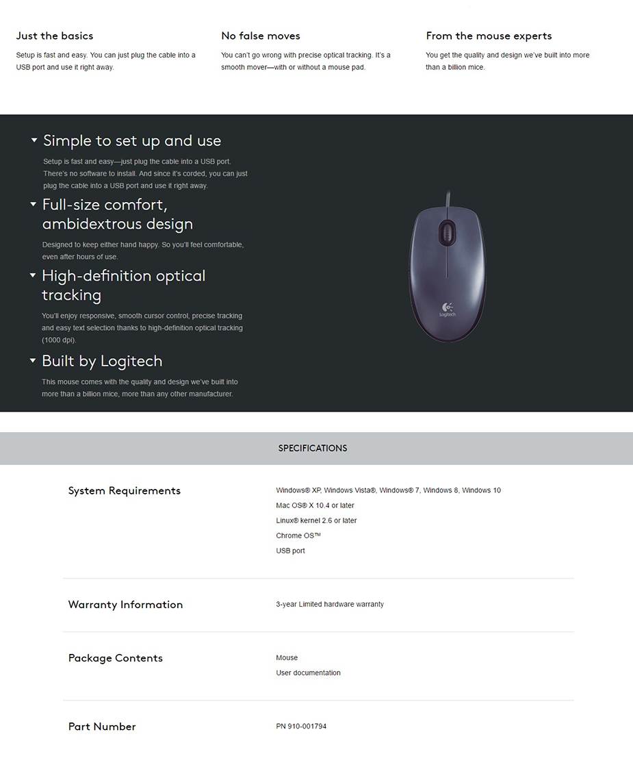 A large marketing image providing additional information about the product Logitech M90 Corded Mouse - Additional alt info not provided