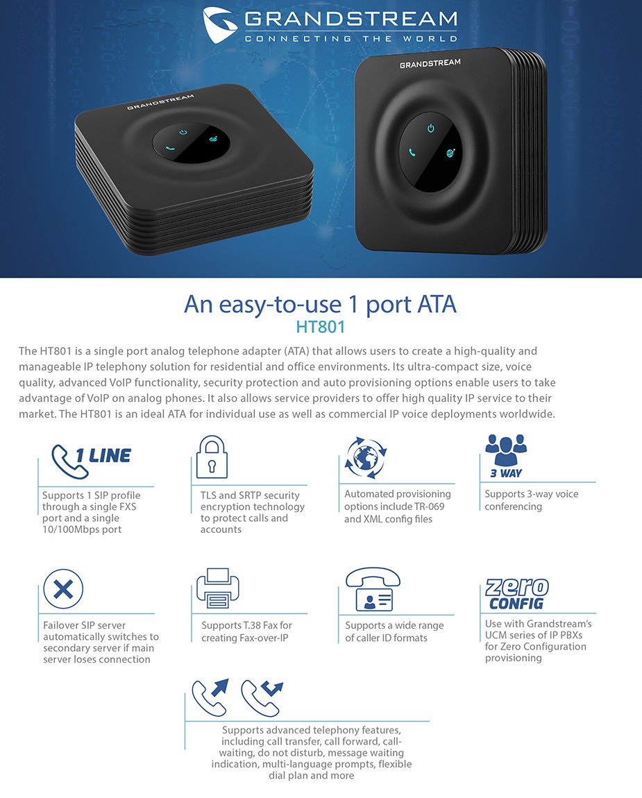 A large marketing image providing additional information about the product Grandstream HT801 1 Port VoIP ATA - Additional alt info not provided