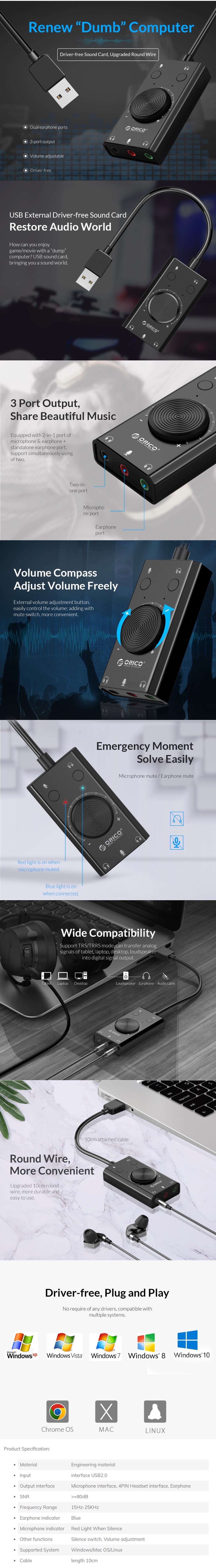 A large marketing image providing additional information about the product ORICO Multifunction USB External Sound Card - Additional alt info not provided