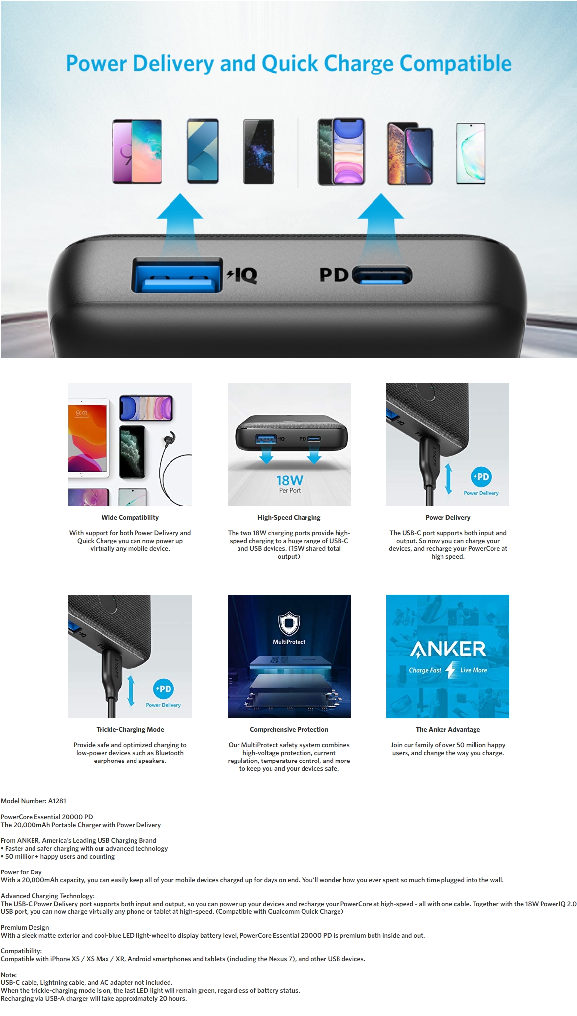 A large marketing image providing additional information about the product ANKER PowerCore Essential 20000 PD -  Black Fabric - Additional alt info not provided