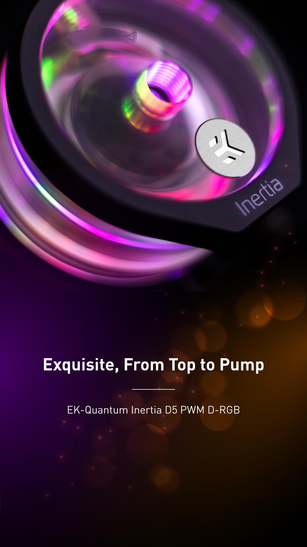 A large marketing image providing additional information about the product EK Quantum Inertia D5 PWM D-RGB - Plexi - Additional alt info not provided