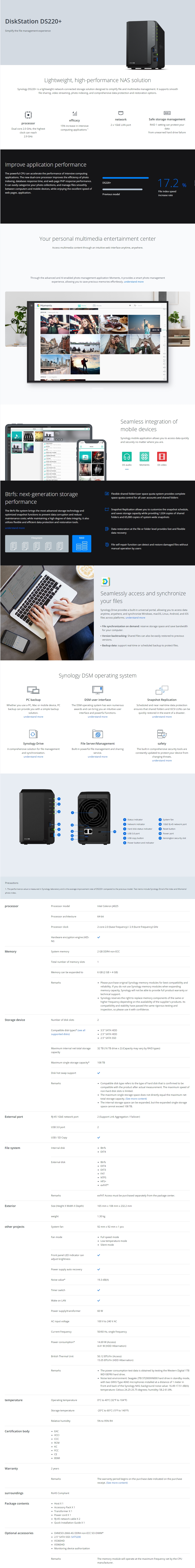 A large marketing image providing additional information about the product Synology DiskStation DS220+ Celeron Dual Core 2.0Ghz 2 Bay 2GB NAS Enclosure - Additional alt info not provided