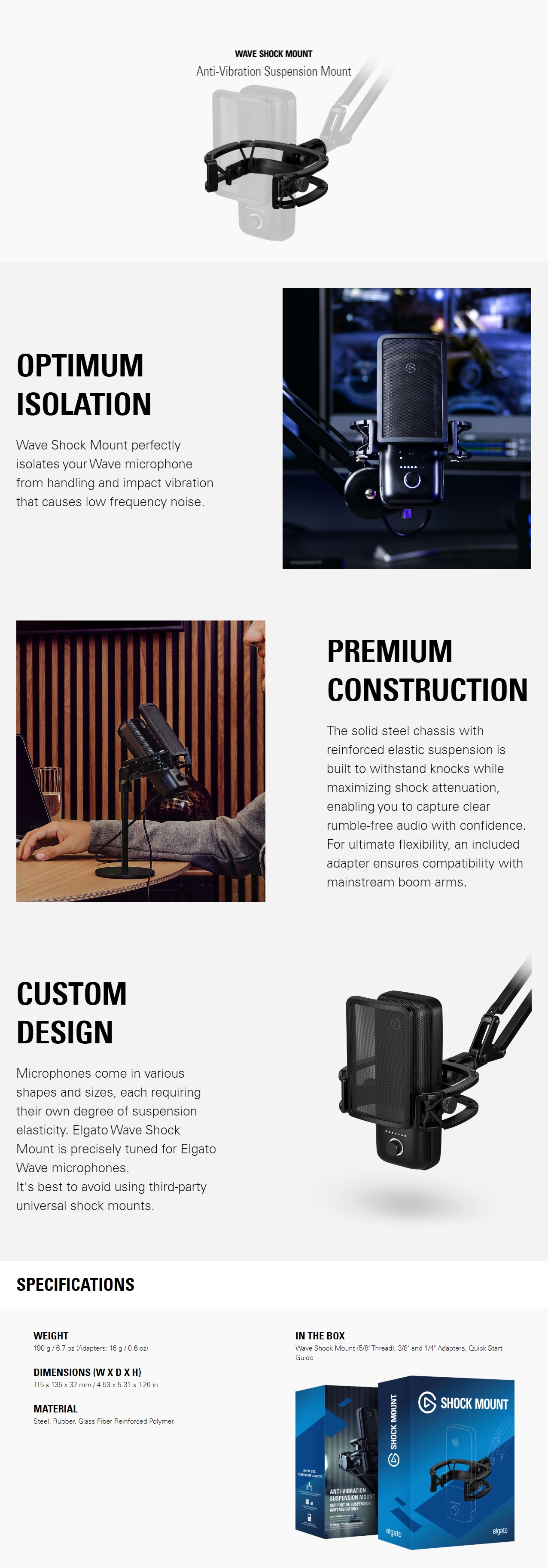 A large marketing image providing additional information about the product Elgato Shock Mount For Wave Microphone - Additional alt info not provided