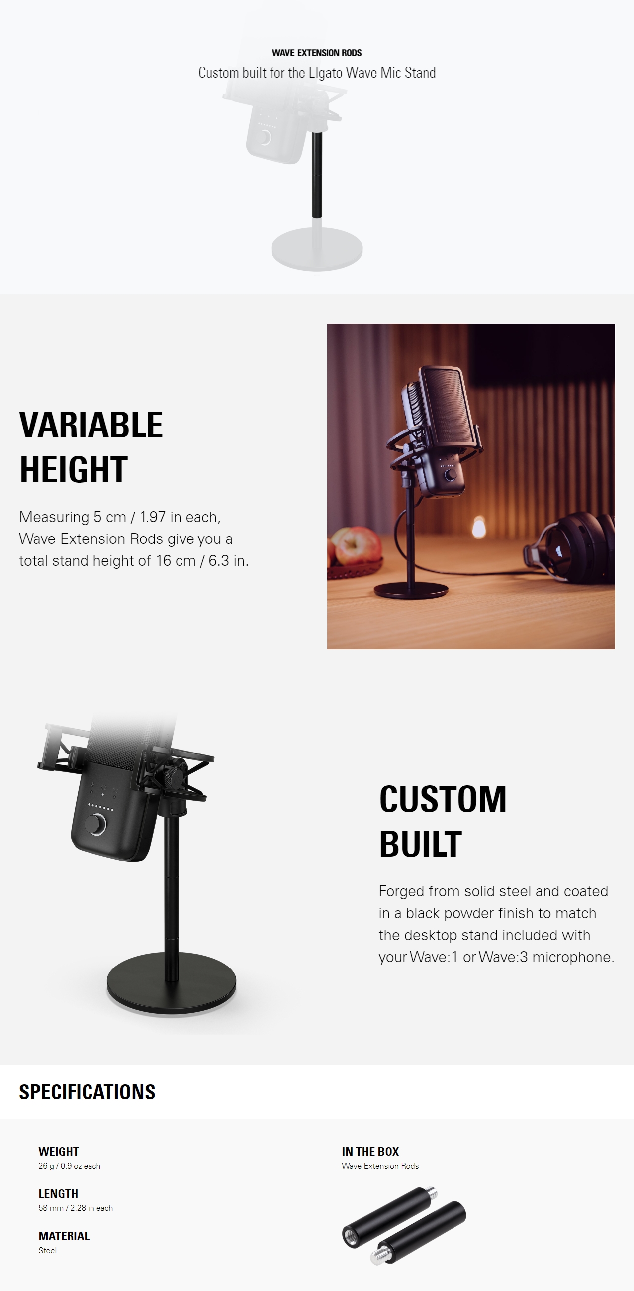 A large marketing image providing additional information about the product Elgato Extension Rods For Wave Microphone - Additional alt info not provided