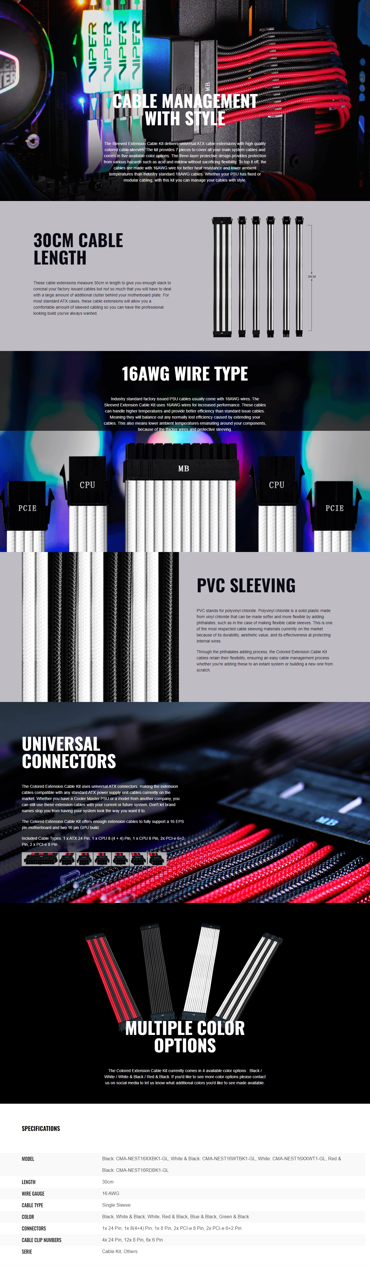 A large marketing image providing additional information about the product Cooler Master White/Black Sleeved ATX Extension Cable Kit - Additional alt info not provided