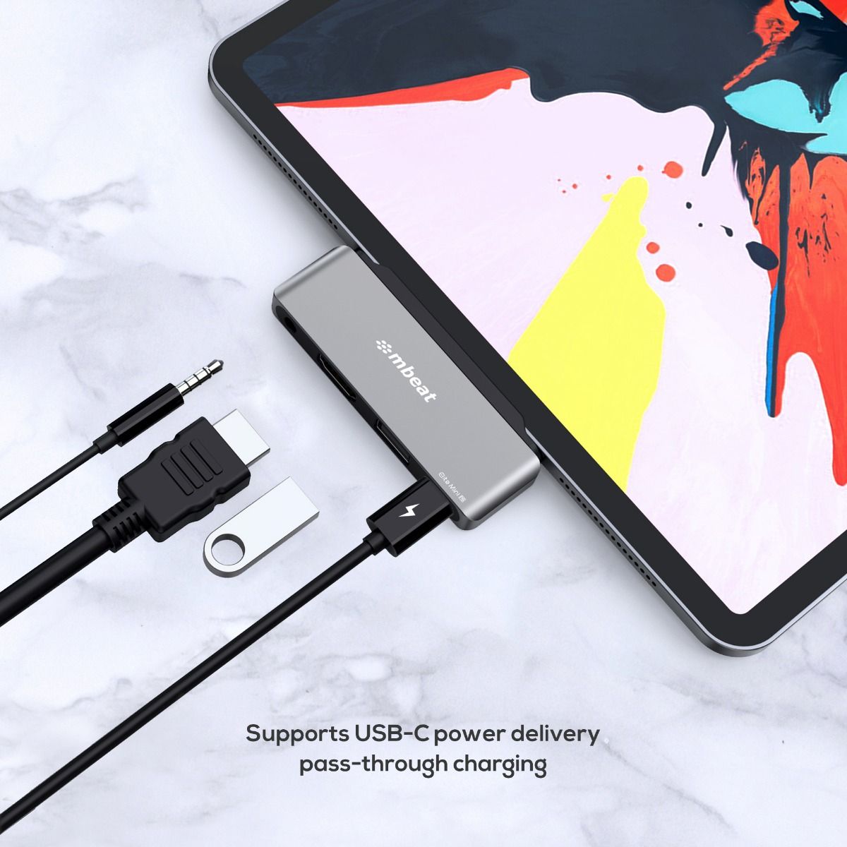 A large marketing image providing additional information about the product mBeat Elite Mini 4-in-1 USB-C Mobile Hub For IPad Pro - Additional alt info not provided