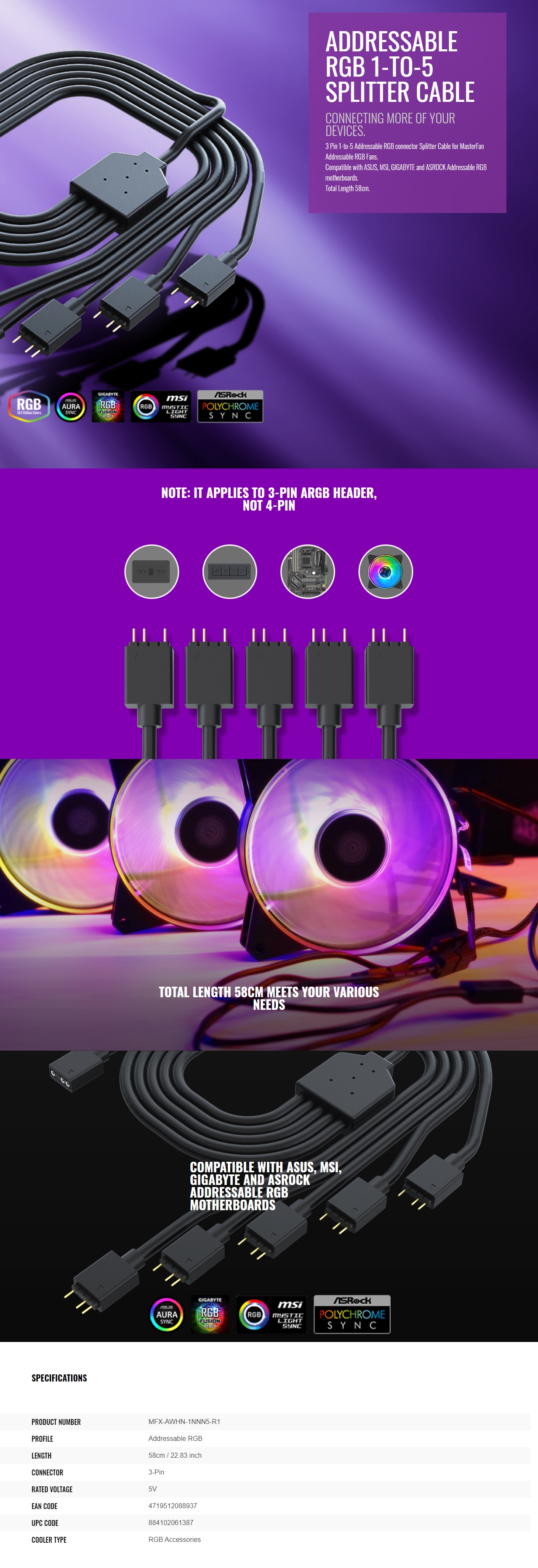 A large marketing image providing additional information about the product Cooler Master Addressable RGB Trident Fan Cable 1 to 5 - Additional alt info not provided