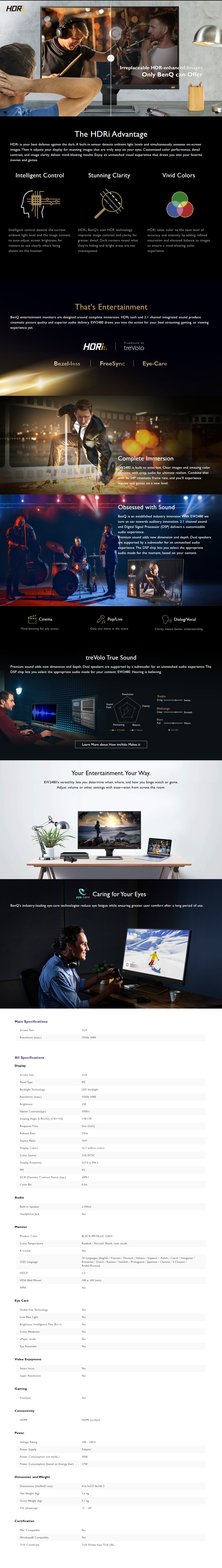 A large marketing image providing additional information about the product BenQ EW2480 24" Full HD FreeSync 5MS 75Hz HDRi IPS LED Monitor - Additional alt info not provided