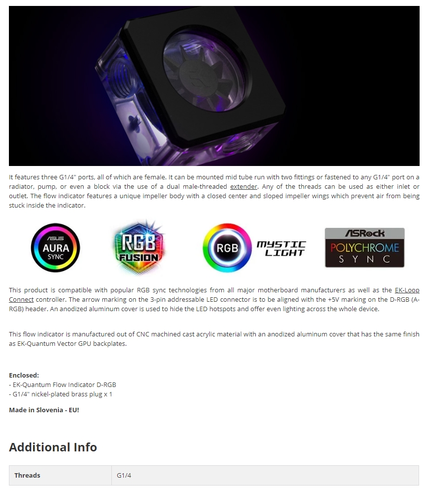 A large marketing image providing additional information about the product EK Quantum Flow Indicator D-RGB - Black - Additional alt info not provided