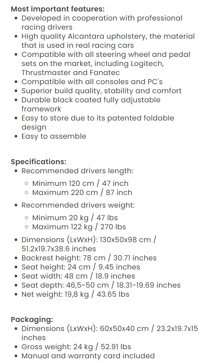 A large marketing image providing additional information about the product Playseat Evolution Driving Simulator - Alcantara - Additional alt info not provided