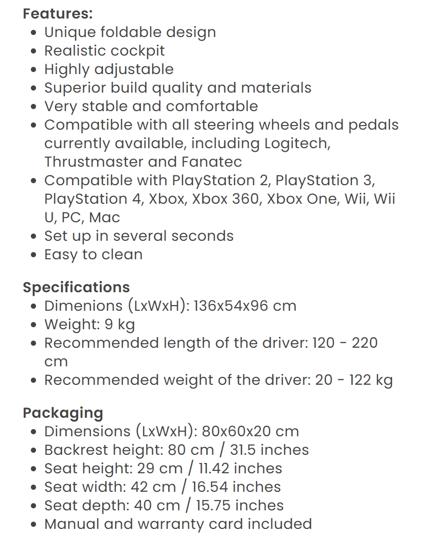 A large marketing image providing additional information about the product Playseat Challenge Foldable Driving Simulator - Additional alt info not provided