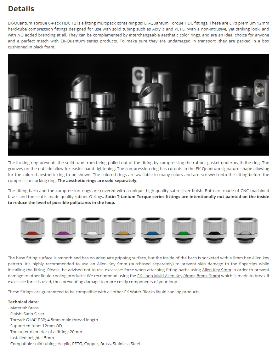 A large marketing image providing additional information about the product EK Quantum Torque 6-Pack HDC 12 - Satin Titanium - Additional alt info not provided
