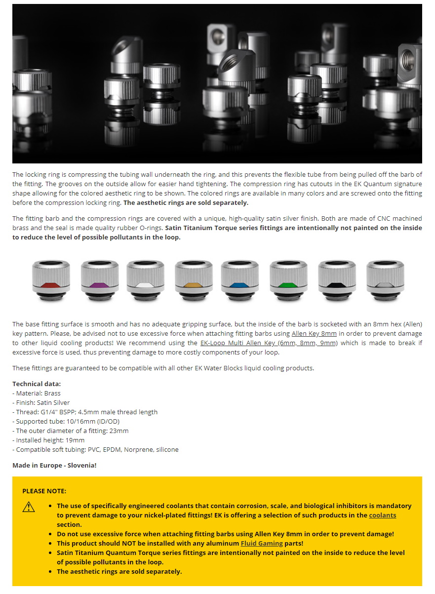 A large marketing image providing additional information about the product EK Quantum Torque 6-Pack STC 10/16 - Satin Titanium - Additional alt info not provided