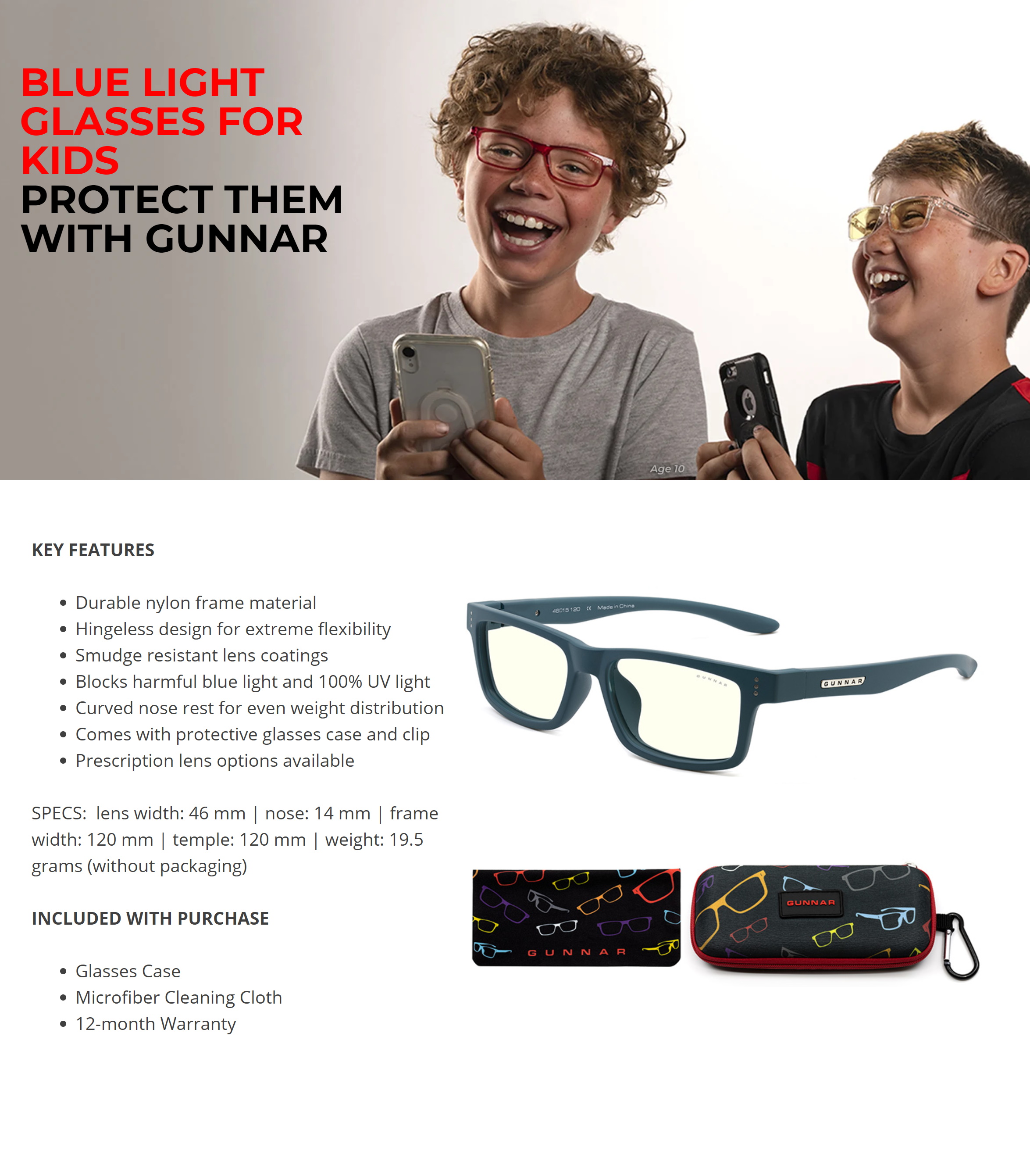 A large marketing image providing additional information about the product Gunnar Cruz Kids - Teal Frame, Clear Lens Indoor Digital Eyewear - Small - Additional alt info not provided