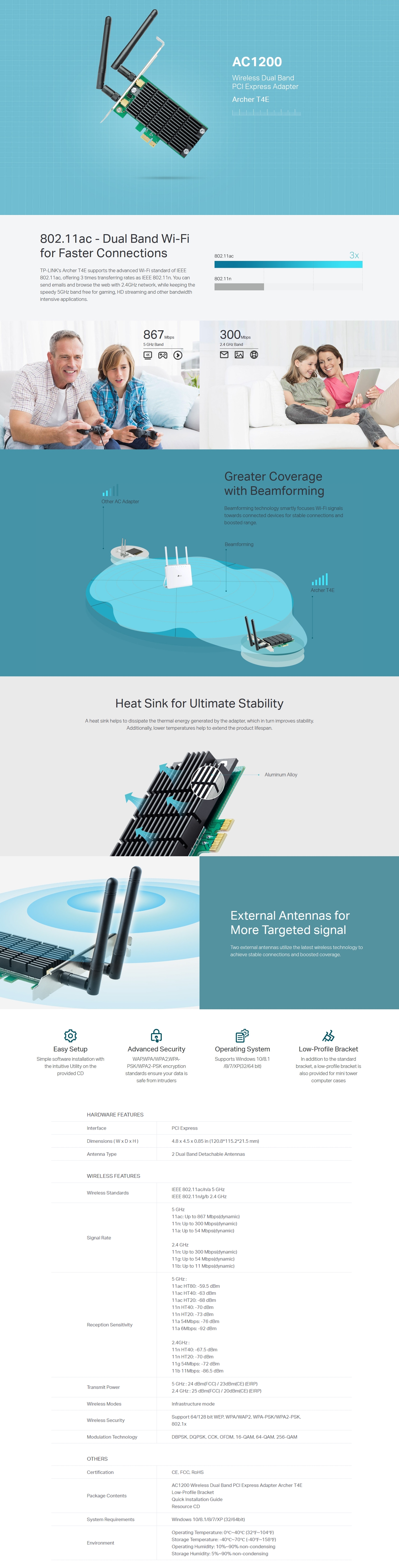 A large marketing image providing additional information about the product TP-Link Archer T4E - AC1200 Dual-Band Wi-Fi 5 PCIe Adapter - Additional alt info not provided
