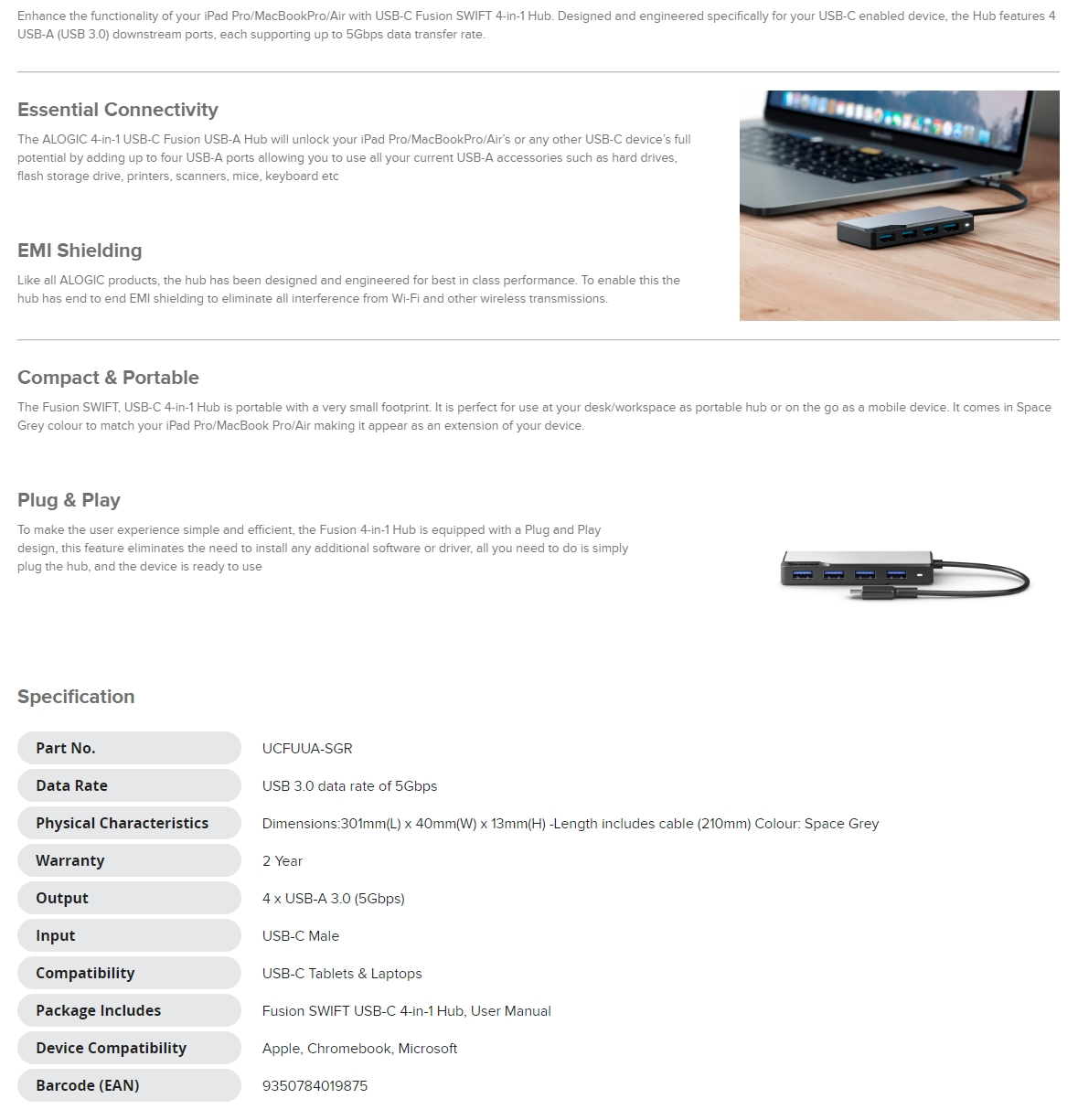 A large marketing image providing additional information about the product ALOGIC USB-C Fusion SWIFT 4-in-1 Hub - Additional alt info not provided