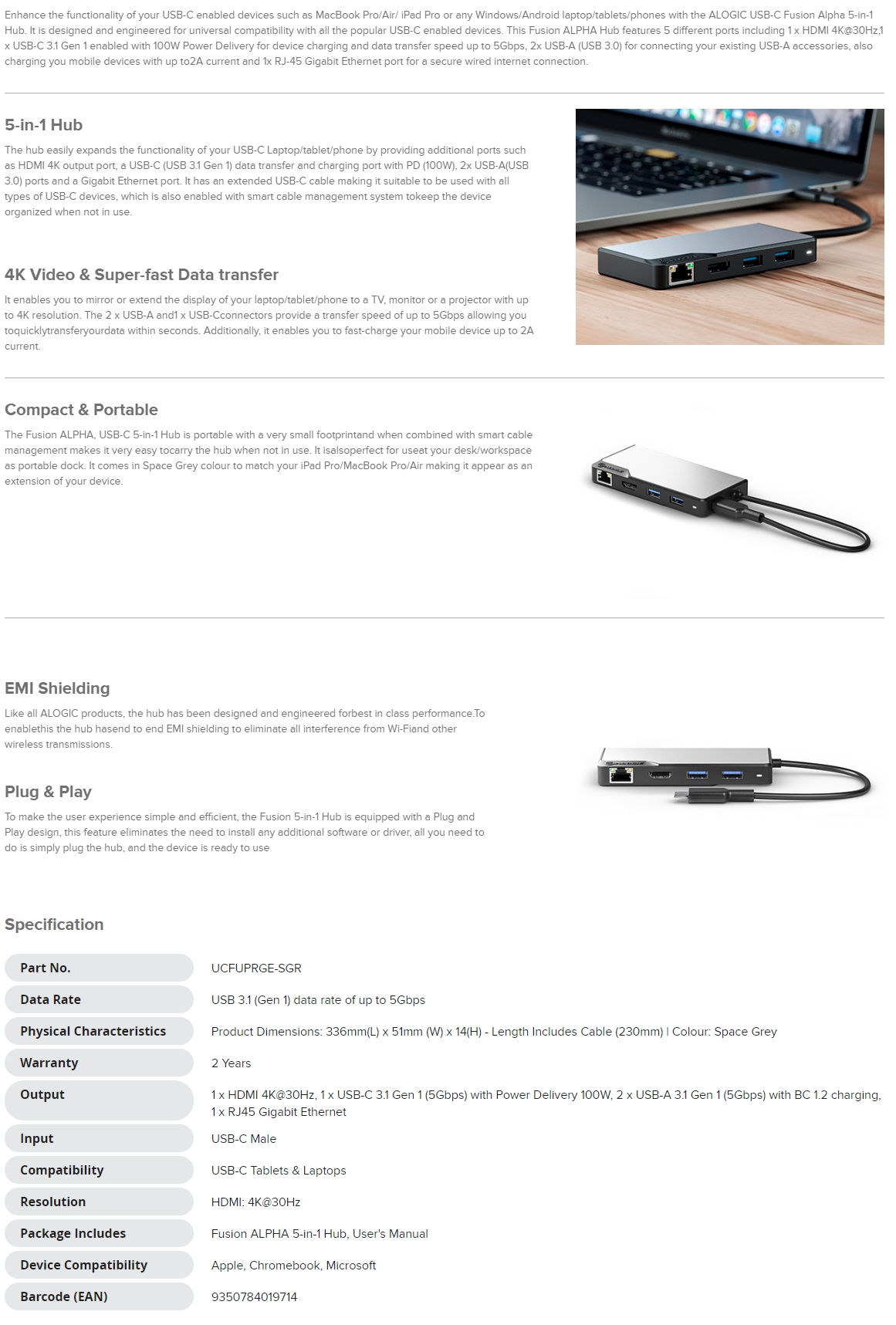 A large marketing image providing additional information about the product ALOGIC USB-C Fusion ALPHA 5-in-1 Hub - Additional alt info not provided