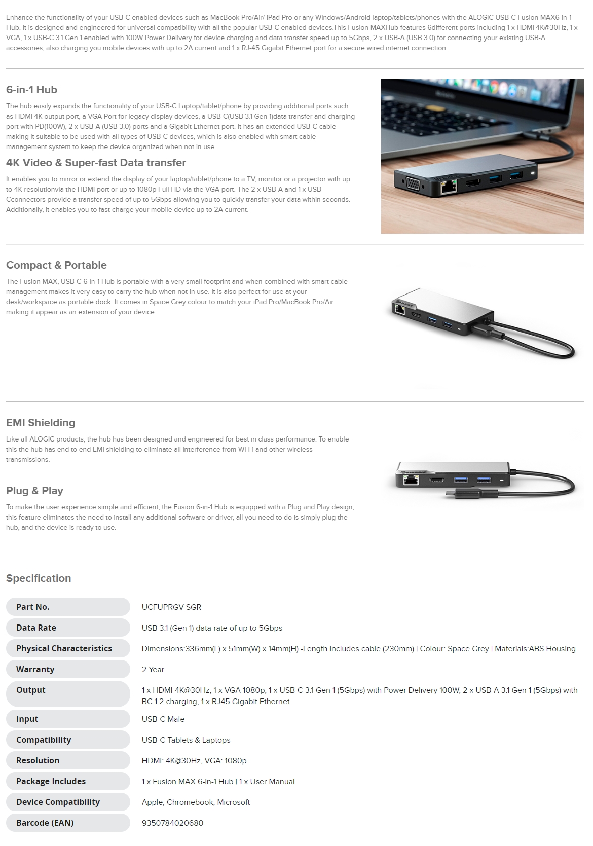 A large marketing image providing additional information about the product ALOGIC USB-C Fusion MAX 6-in-1 Hub - Additional alt info not provided