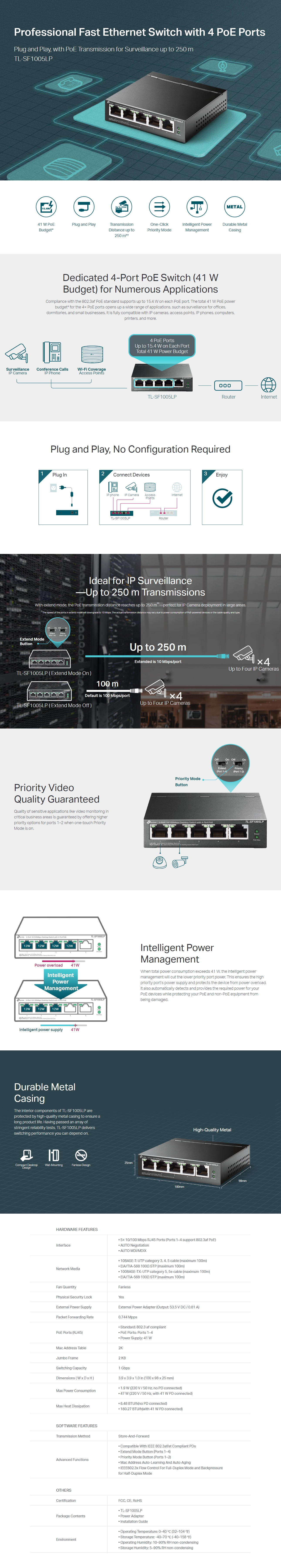 A large marketing image providing additional information about the product TP-Link SF1005LP - 5-Port 10/100Mbps Desktop Switch with 4-Port PoE - Additional alt info not provided